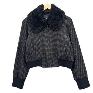 Club Monaco Mixed Media Crop Jacket Womens Black White Faux Fur Collar Size M